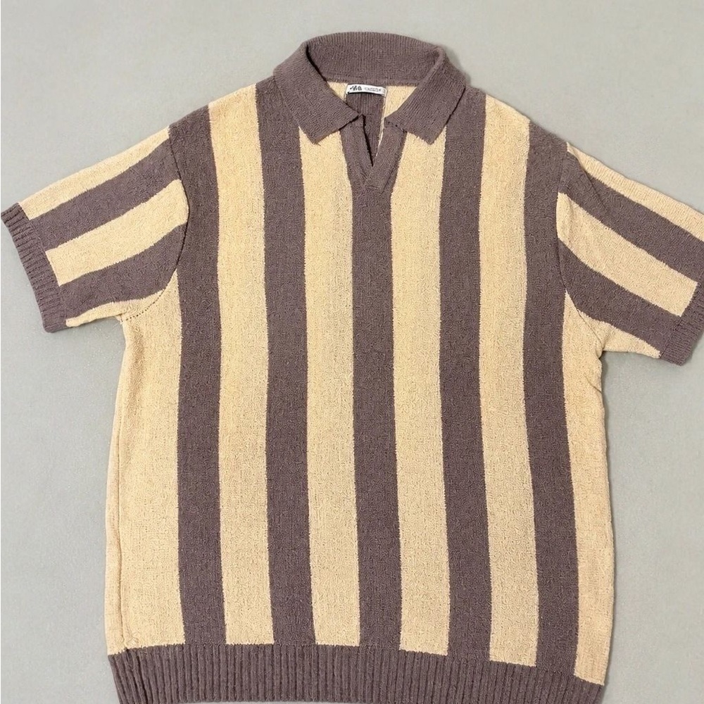 Zara Short Sleeve Polo with Beige and Brown Stripes